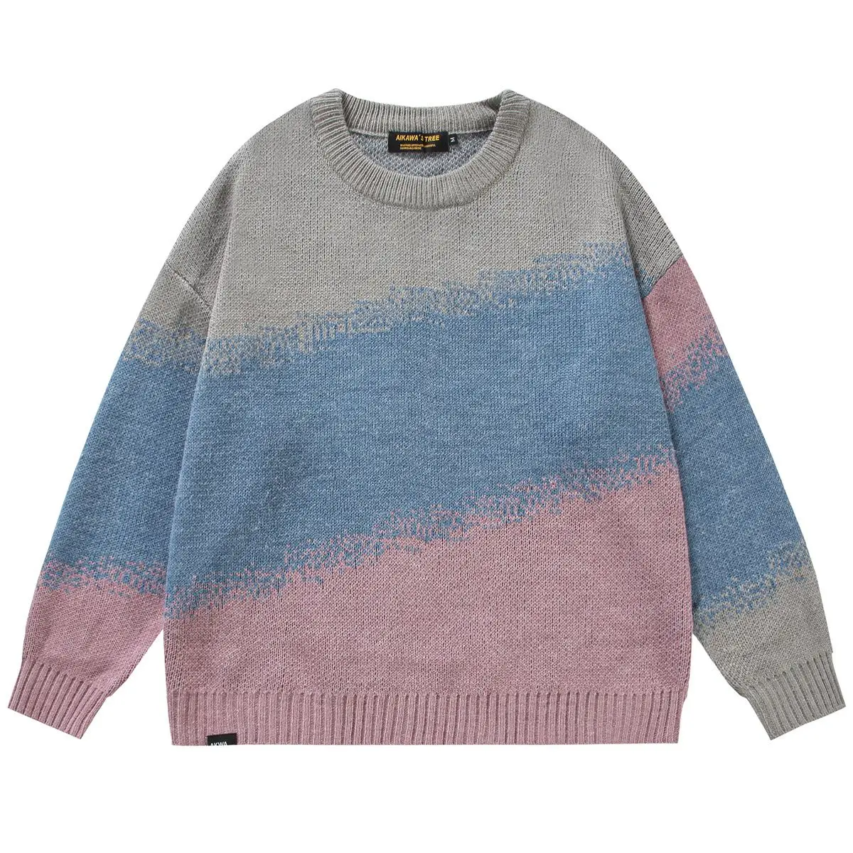 Japanese Retro Gradient Color Blocked Lazy Style Round Neck Sweater for Men Loose Casual Knit Sweater in Plus Size