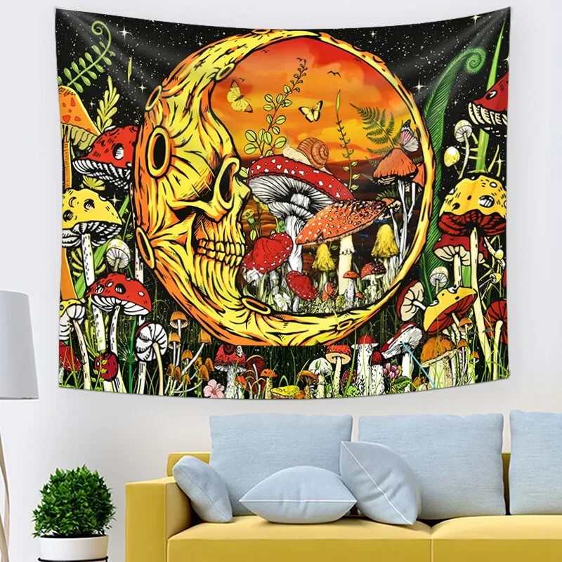 Skull Moon Mushroom Home Decor Rug for Living Room, Kitchen Partition Cloth, Bedroom Wall Hanging Blanket decor aesthetic