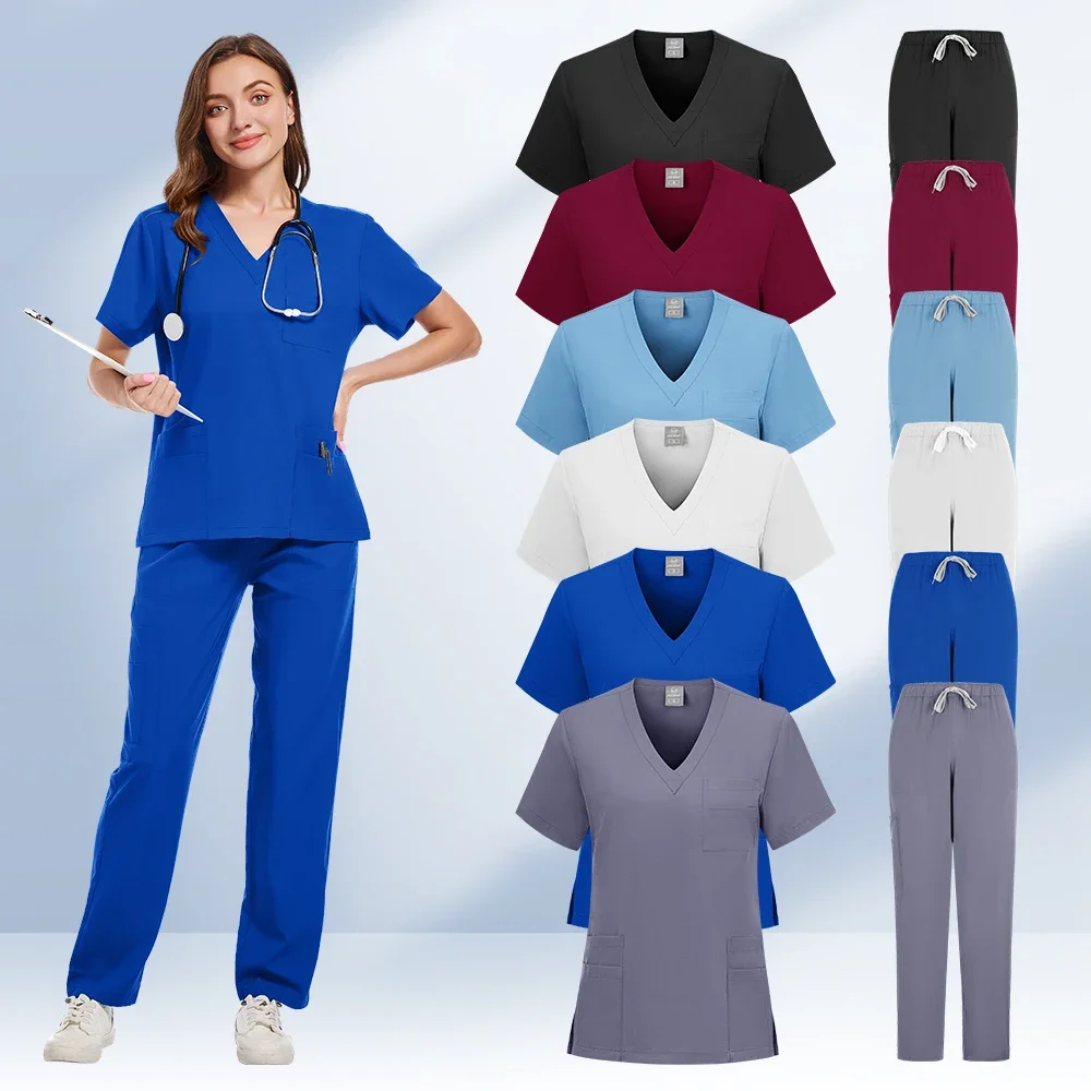 

New Scrubs Set Medical Uniforms Stretch Scrub Tops With Pocket Pants Nurse Uniform Doctor Surgery Overalls Beauty Salon Workwear