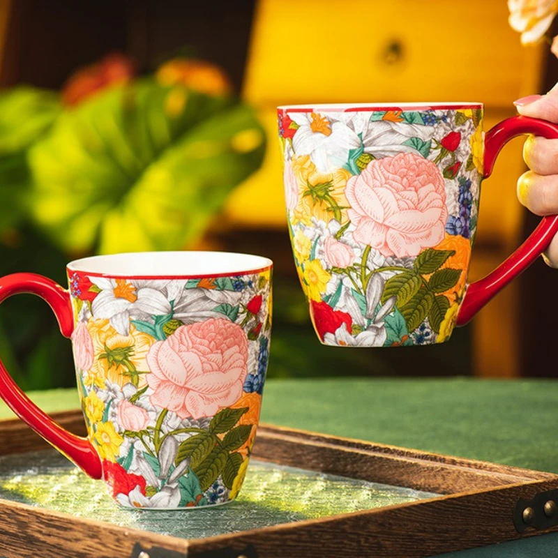 

Ceramic Coffee Cup Vintage Flower Pattern Teacup Household Office Large Capacity Fruit Salad Dessert Cup Breakfast Drinkware Mug