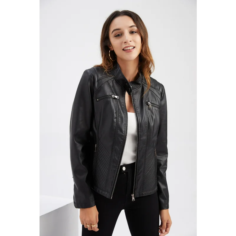 Veste en cuir décontractée pour femme, col montant, mince, confort, loisirs, bureau, dame, vêtements de traitement sans fer, printemps, automne, 2024