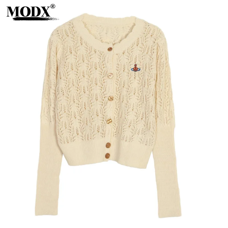 [MODX] A Niche Design With Saturn Embroidery Hollowed Out Short Top Women, Fashionable, Sweet, Age Reducing, Slim Fitting,