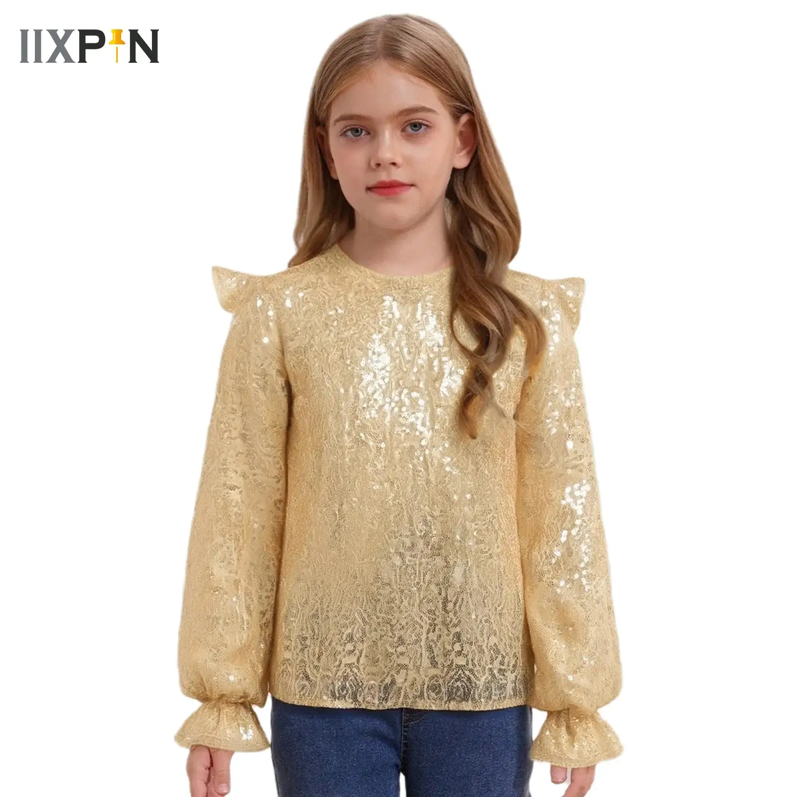 

Kids Girls Jazz Dance Pullover T-shirts Tops Fashion Children's Clothes Sparkling Sequin Hip Hop Performance Dancewear