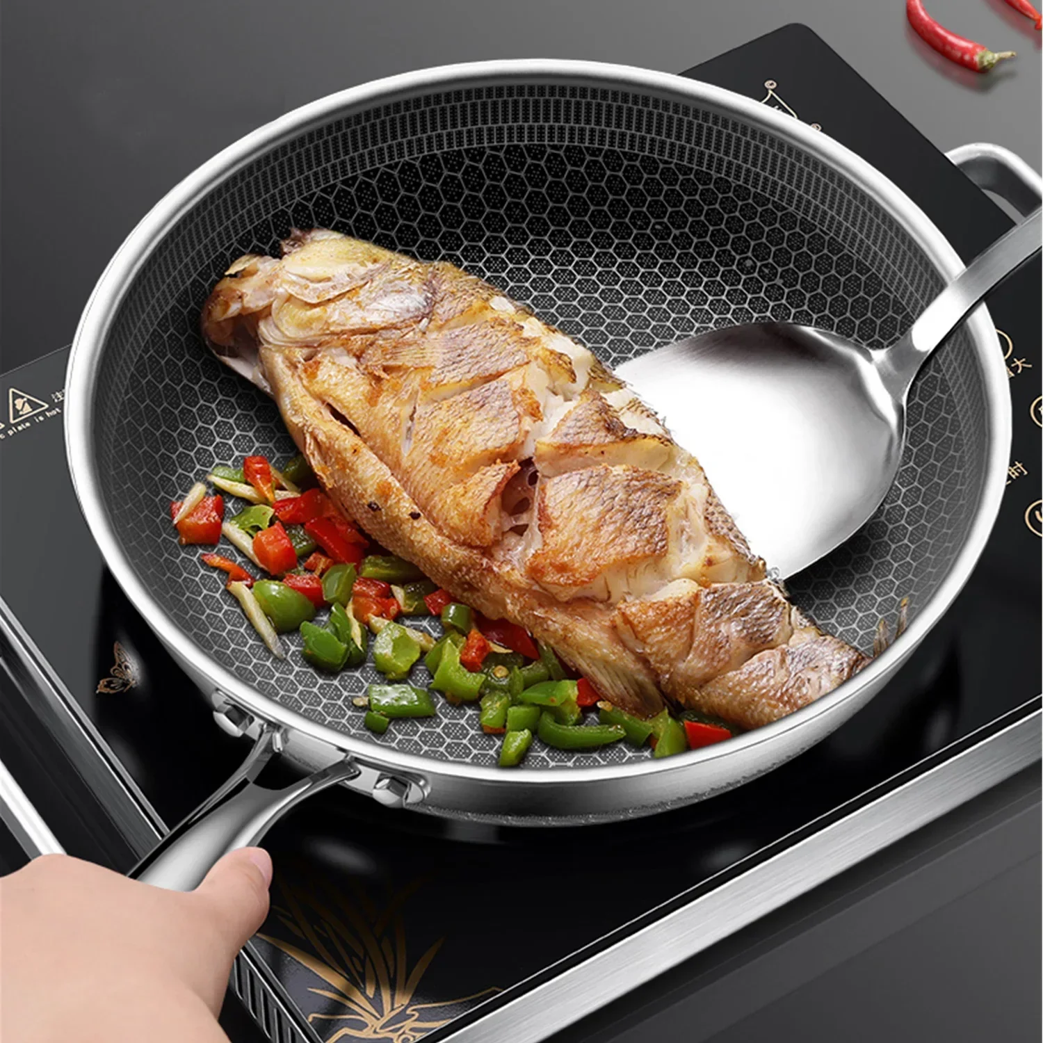 Frying Pans 316 Stainless Steel Skillet Honeycomb Wok Pan Induction Cooker