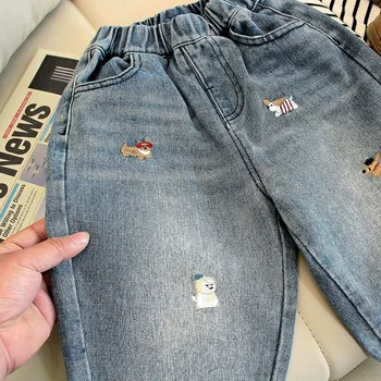 Kids' Embroidered Denim Jeans | Soft Loose Pants for Ages 2-7 4 2025 Autumn Kids Pants Cartoon Embroidery Boys Loose Jeans Soft Casual Denim Trousers Children Outwear Girls Pants For 2-7 Years 4