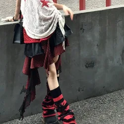 2024 Tassle Harajuku Punk rockowa spódnica damska Y2K gotycka nadruk w szkocką kratę patchworkowa estetyczna Grunge Mini nieregularne spódnice