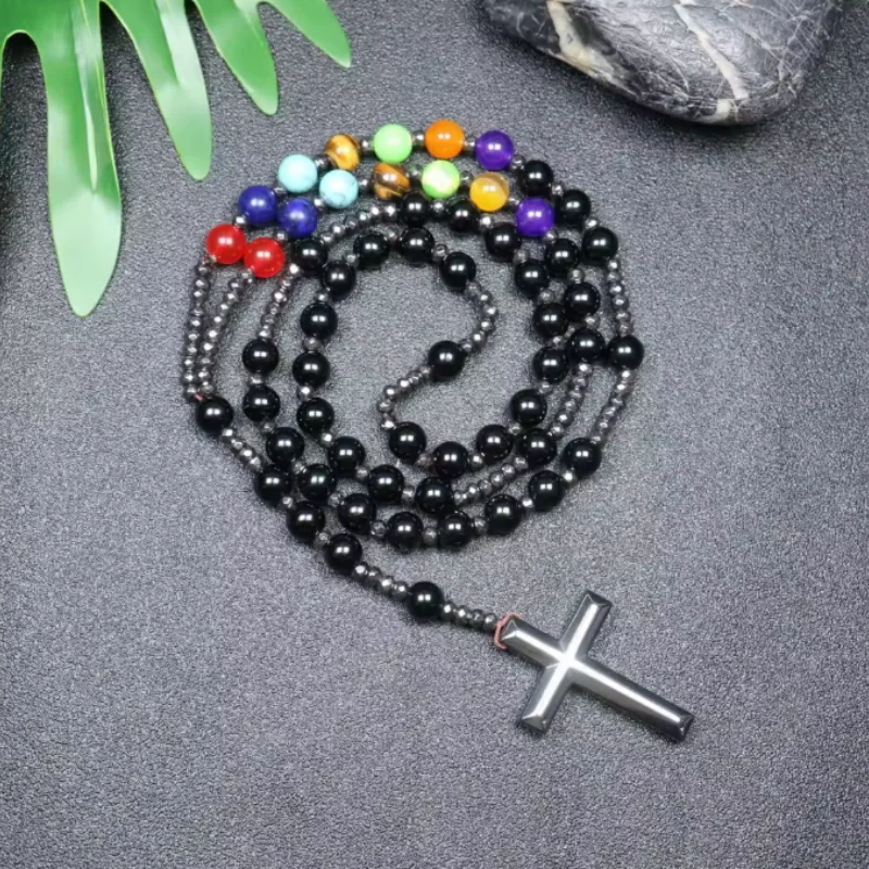 Nature Stone Handcrafted Necklace Gemstone 99pc Bead Cross Catholicism Natural Crystal Necklace Jewelry for Men Women