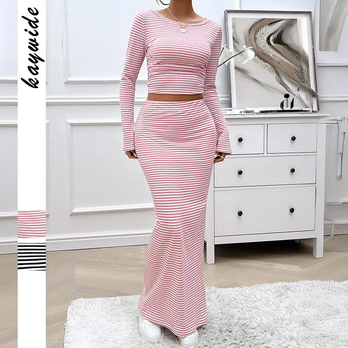 Diyun Y2K Pittig Meisje Streep T-shirt En Rok Set Vrouwen Faion Lente Zomer Casual Sle Lange Sve Tee stuk Pak