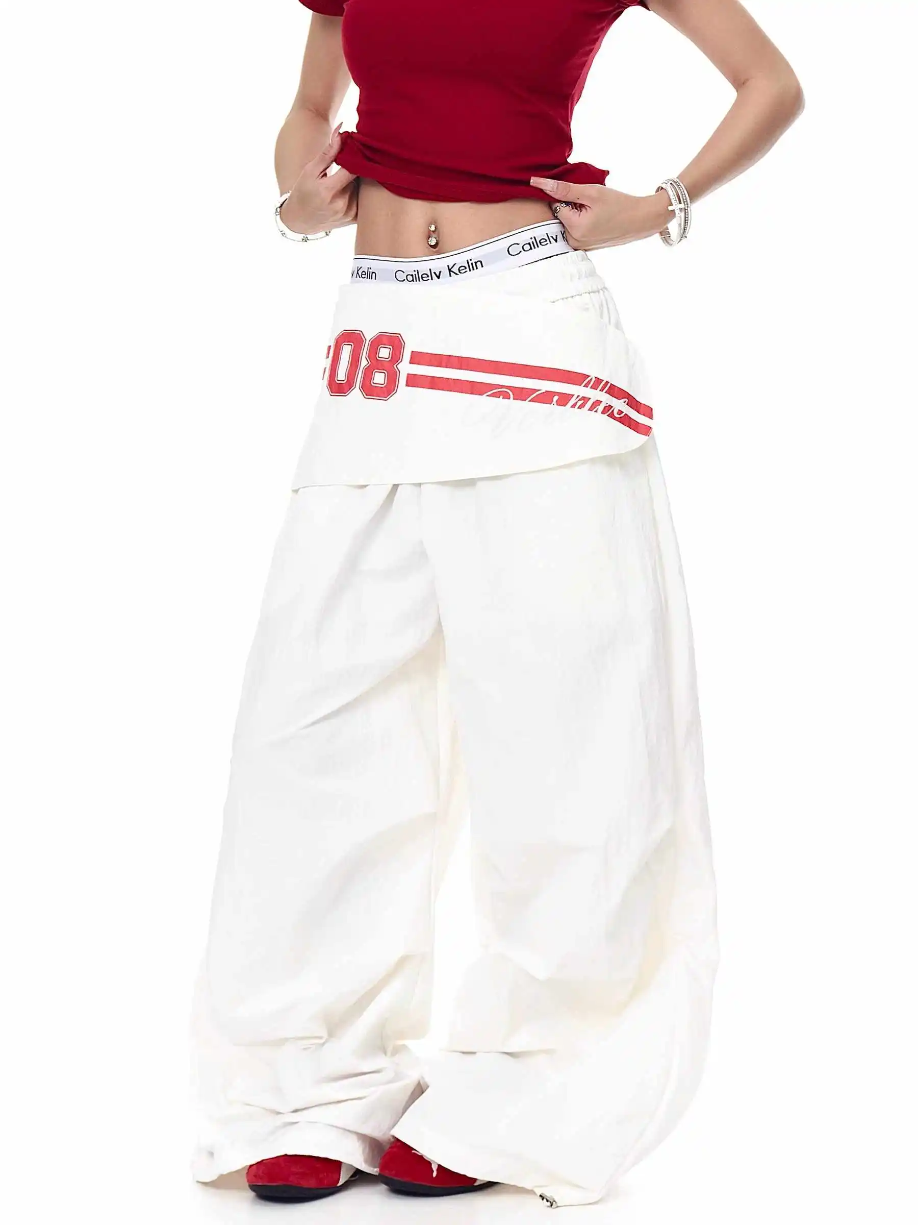 

Women's White Parachute Pants Baggy Pants Harajuku Oversize Sweatpants with Wrap Skirt Japanese 2000s Style Y2k Vintage Trousers