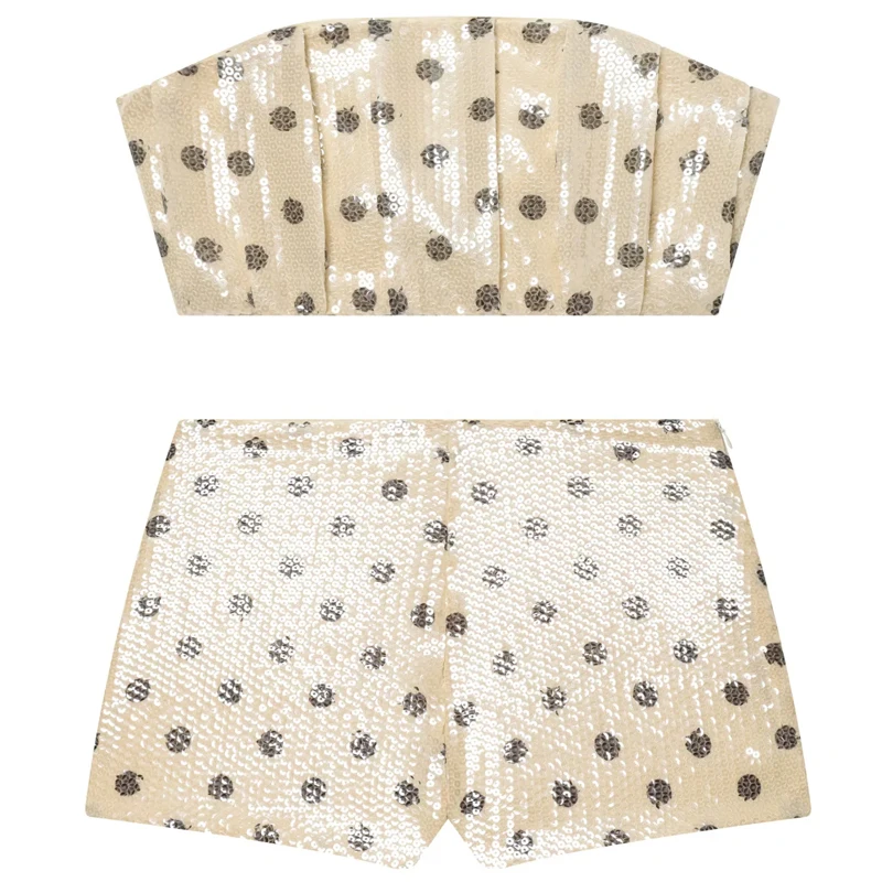 HXAO Polka Dots Sequin Shorts Sets Women's Suit Elegant Strapless Crop Backless Top 2 Piece Set Chic Mini Low Waist Short Outfit