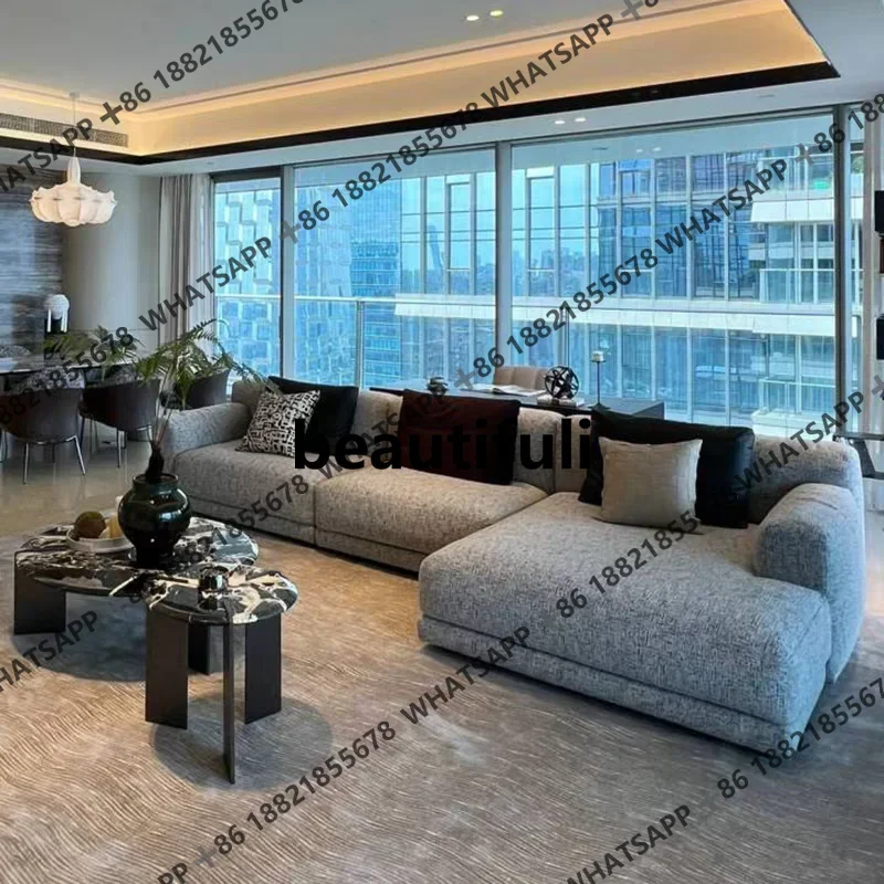 

H High-end cotton and linen fabric sofa combination corner living room, large flat floor, high-end concubine