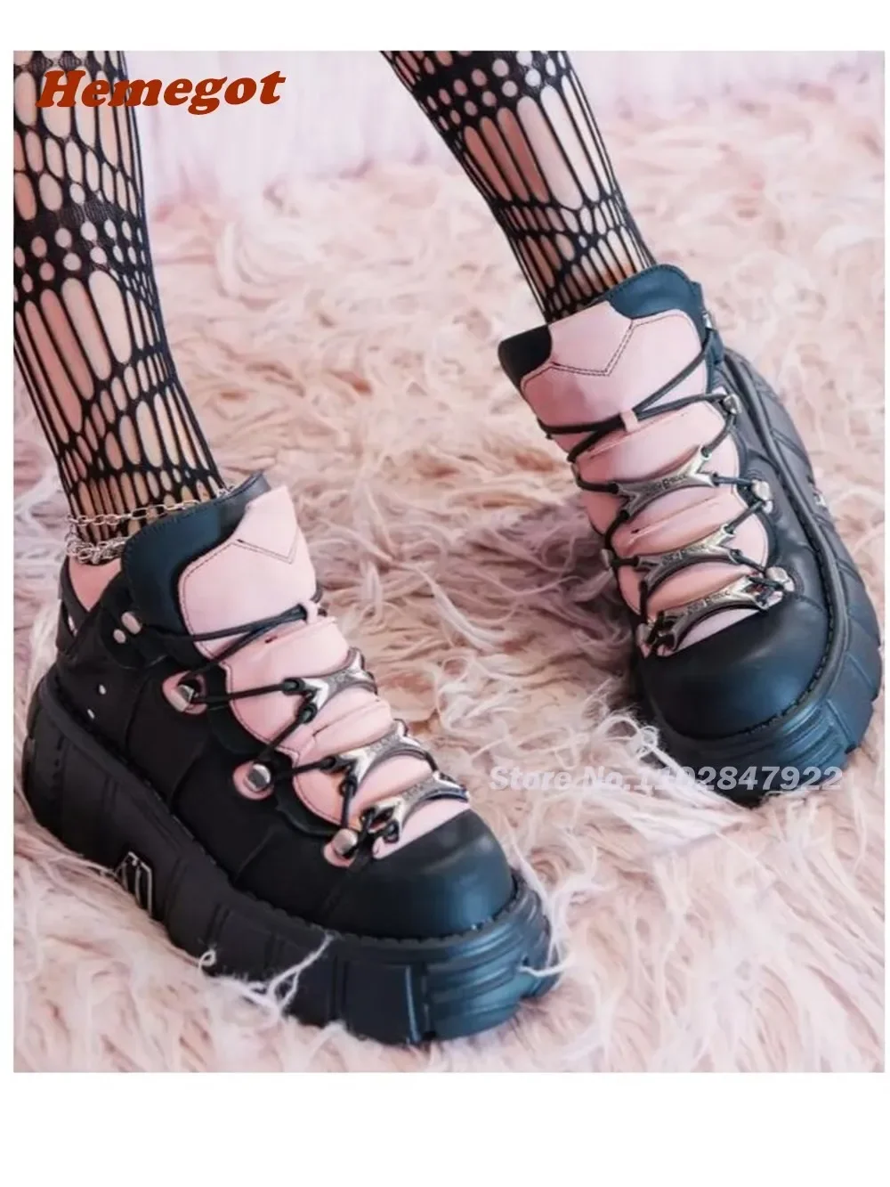 

Tank Bottom Rock Lace Up Women's Boots Pink Color Block Dark Gothic Motorcycle Boots Round Toe Winter Shoes Spicy Girls Boys