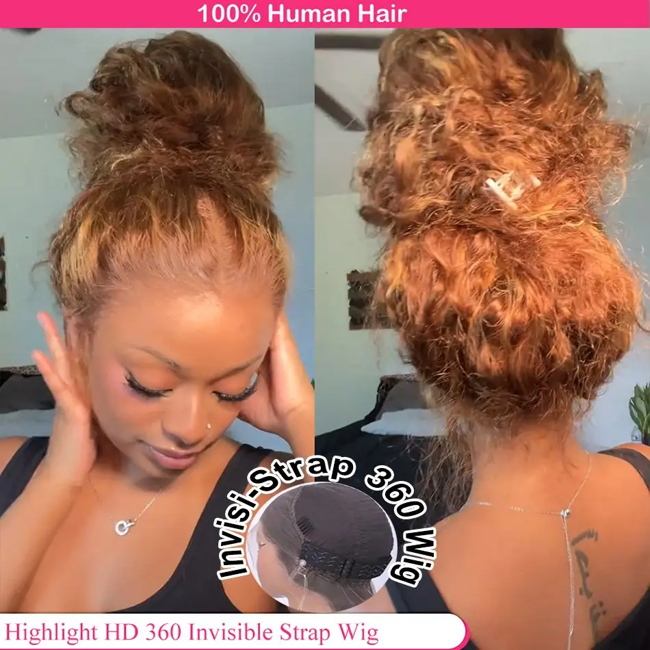 

Water Wave 4/27 Highlight Invisi Strap 360 Full Lace Glueless Wig HD Skin Lace Frontal Wig Glueless Human Hair Deep Curly Wigs