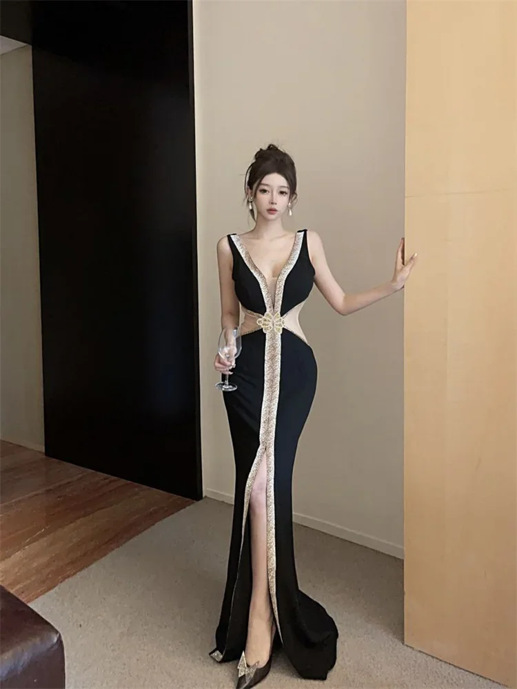 ハイエンドなホローアウトセクシーマキシドレス、女性用ディープVネック、キラキラ輝くスパンコールトリム、ロングパーティードレス、カットアウトウエスト、フォーマルイブニングドレス