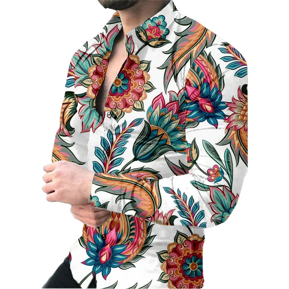 Cross-border Foreign Trade Summer New Style European And American men's Casual Floral long-sleeved Lapel Shirt Hawaiian Beach