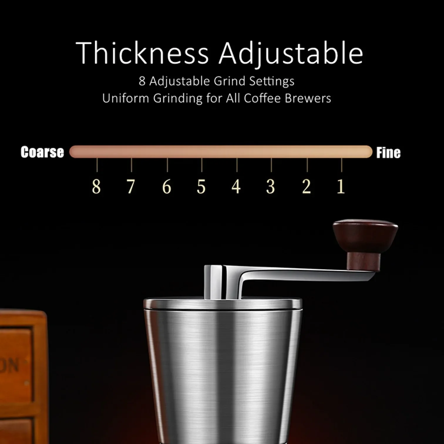 Portable and Efficient Manual 304 Stainless Steel Coffee Grinder 6/8 Grind Setting Thickness Adjustable Coffee Mill for Home