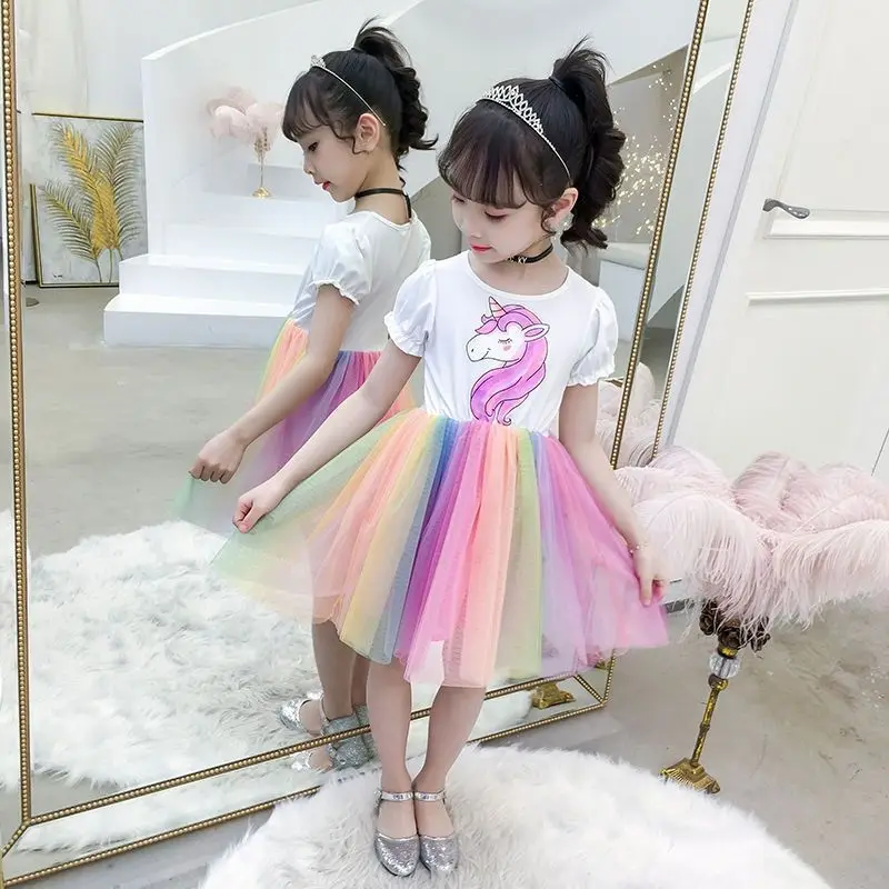 Girls Clothes 2024 New Girls Summer Dress Wedding Rainbow Dress Fluffy Dress Princess Dress Unicorn Elegant Kids Clothes 2-14Y