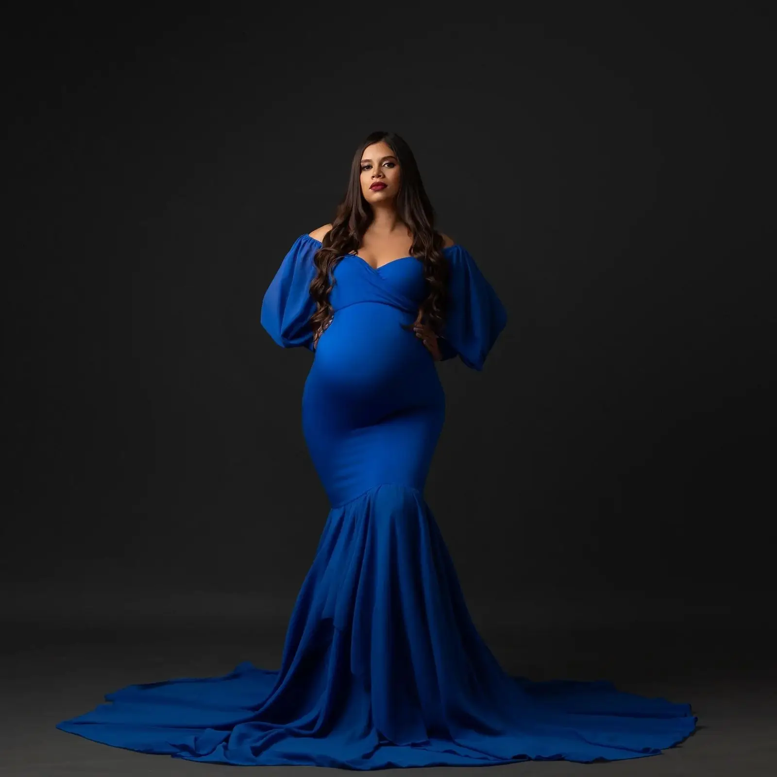 

Королевское синее платье русалки для беременных с открытыми плечами и длинными рукавами, халат для беременных, индивидуальные платья с скользящим шлейфом для детского душа