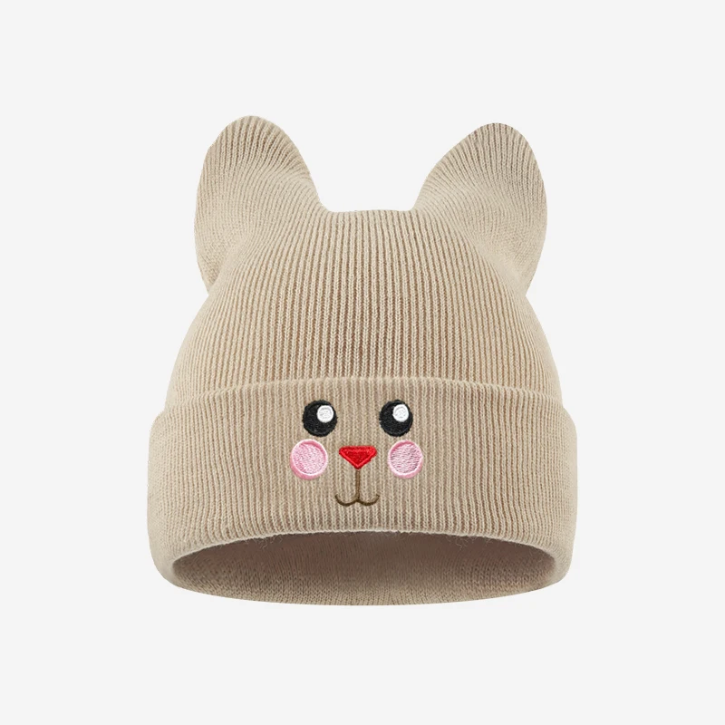 Soft Cat Ear Kids Beanie Cat Face Embroidery 1-3 Years Toddler Knitted Hat Casual Daily Outdoor Activity Headwear