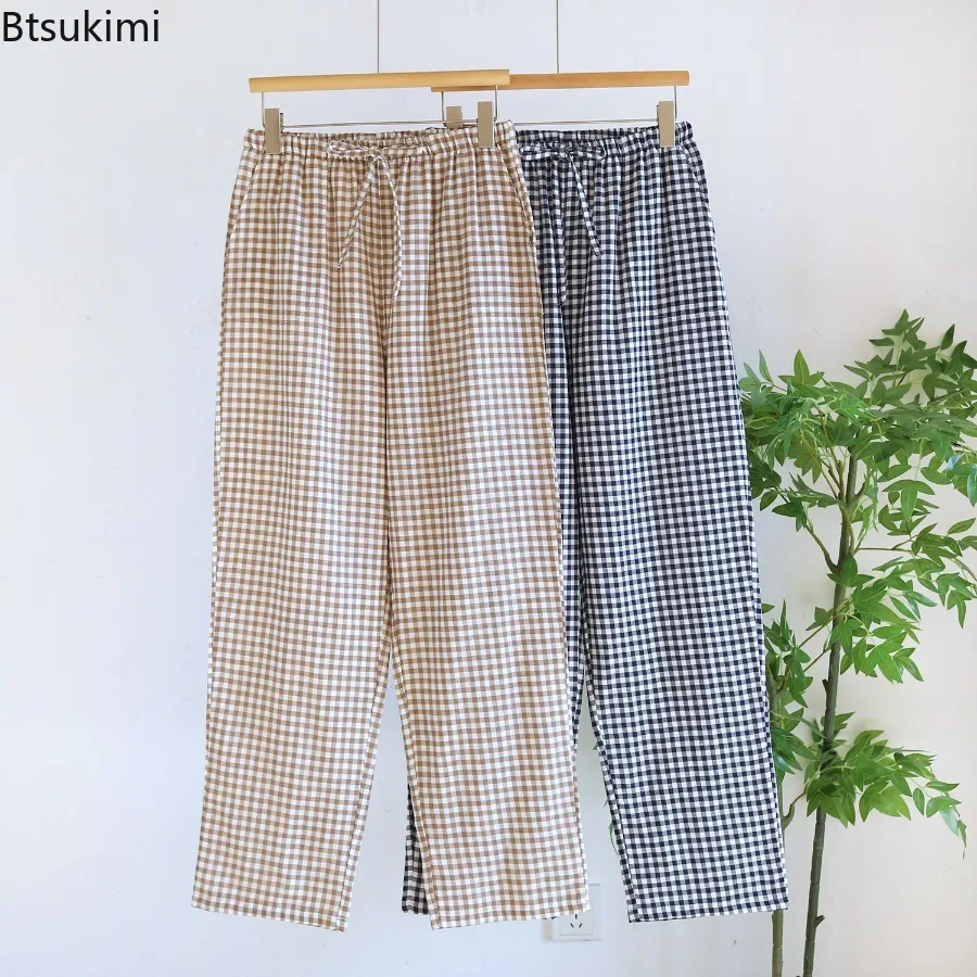 2026 Primavera Verano pantalones de dormir para amantes diseño a cuadros 100% pantalones largos de algodón ropa de descanso para el hogar pantalones de pijama pijama Mujer