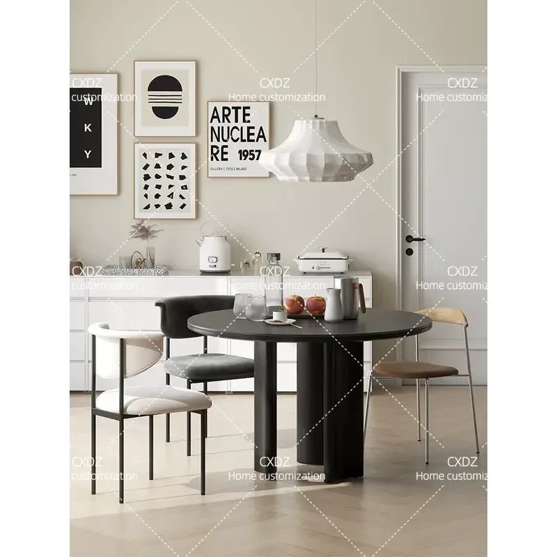 Italian Simple Round Dining Table Nordic Solid Wood Small Apartment Restaurant Table with Rock Slab Countertop Compact Design