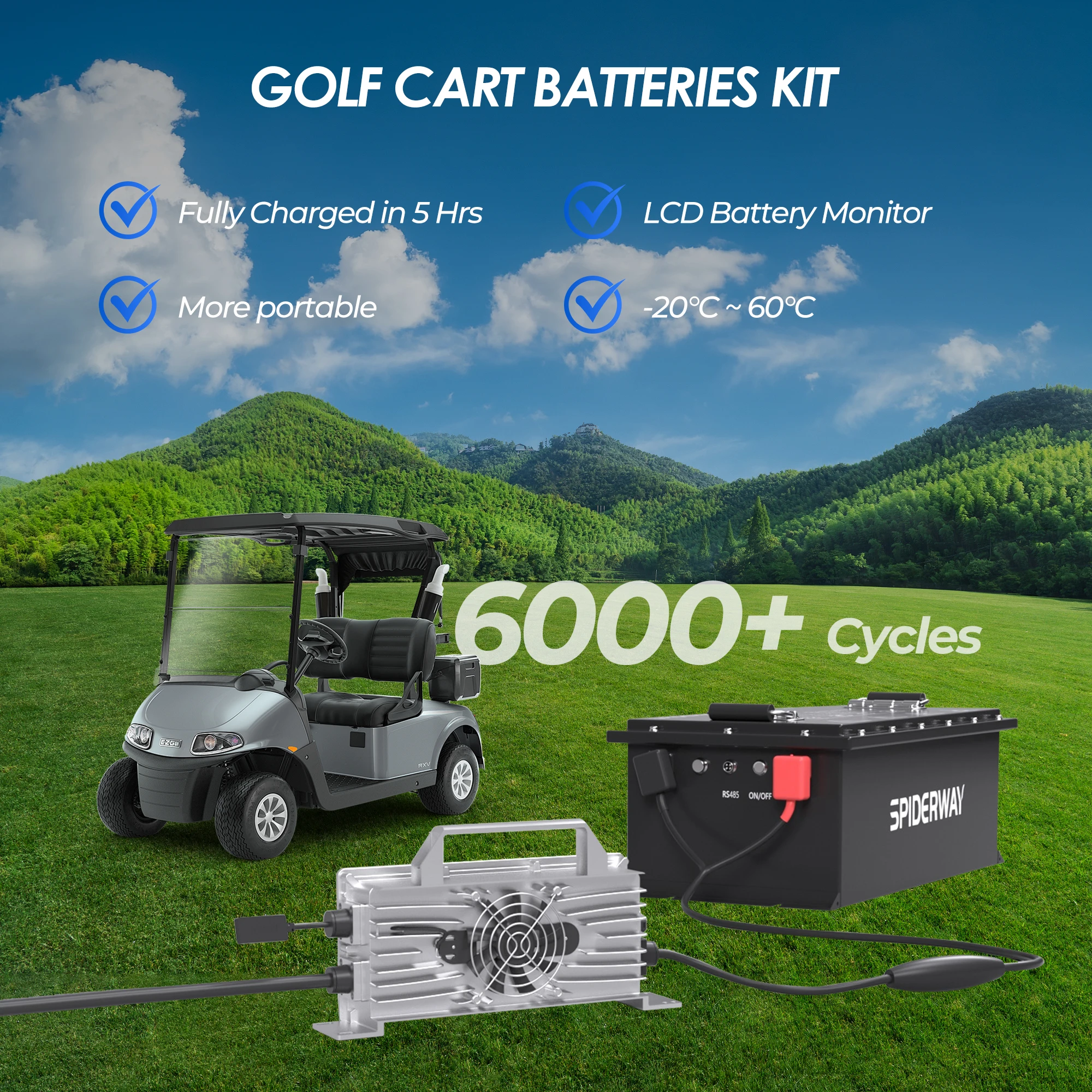 

Golf Cart Lithium LiFePO4 Battery 48V 105Ah With Charger 250A BMS 6000+ Cycle Max 12.8kW Power Output 10Year for Yamaha G29