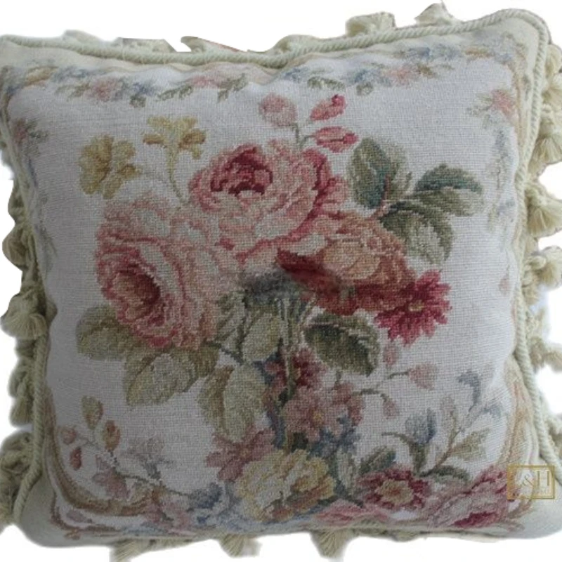 

15K 16"X16" Needlepoint pillow, handknotted woolen cushion with floral designs no insertion