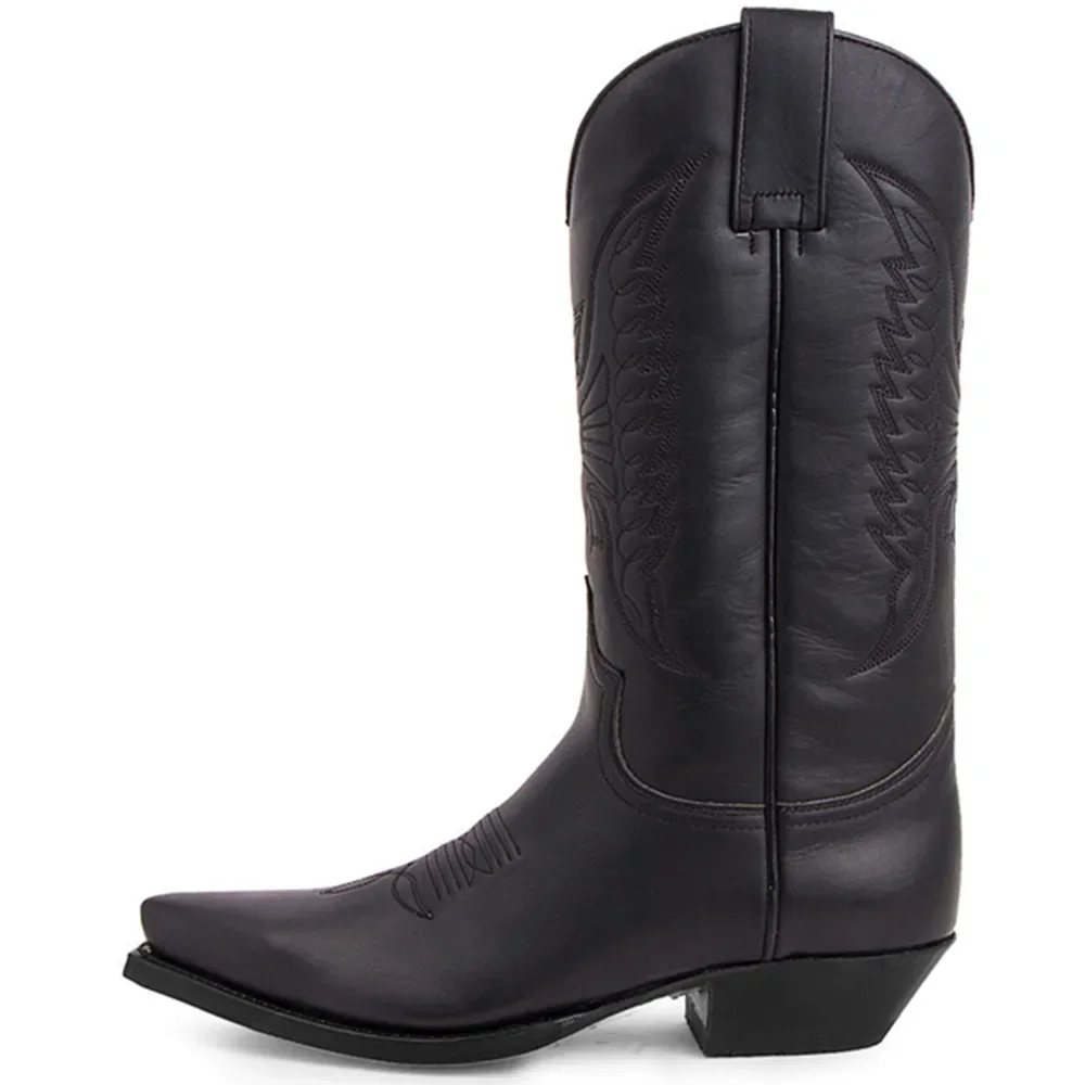 Botas vaqueras de lujo para hombre, zapatos de caballero Vintage, Botas de cuero bordadas de tacón medio para motocicleta, Botas casuales West,