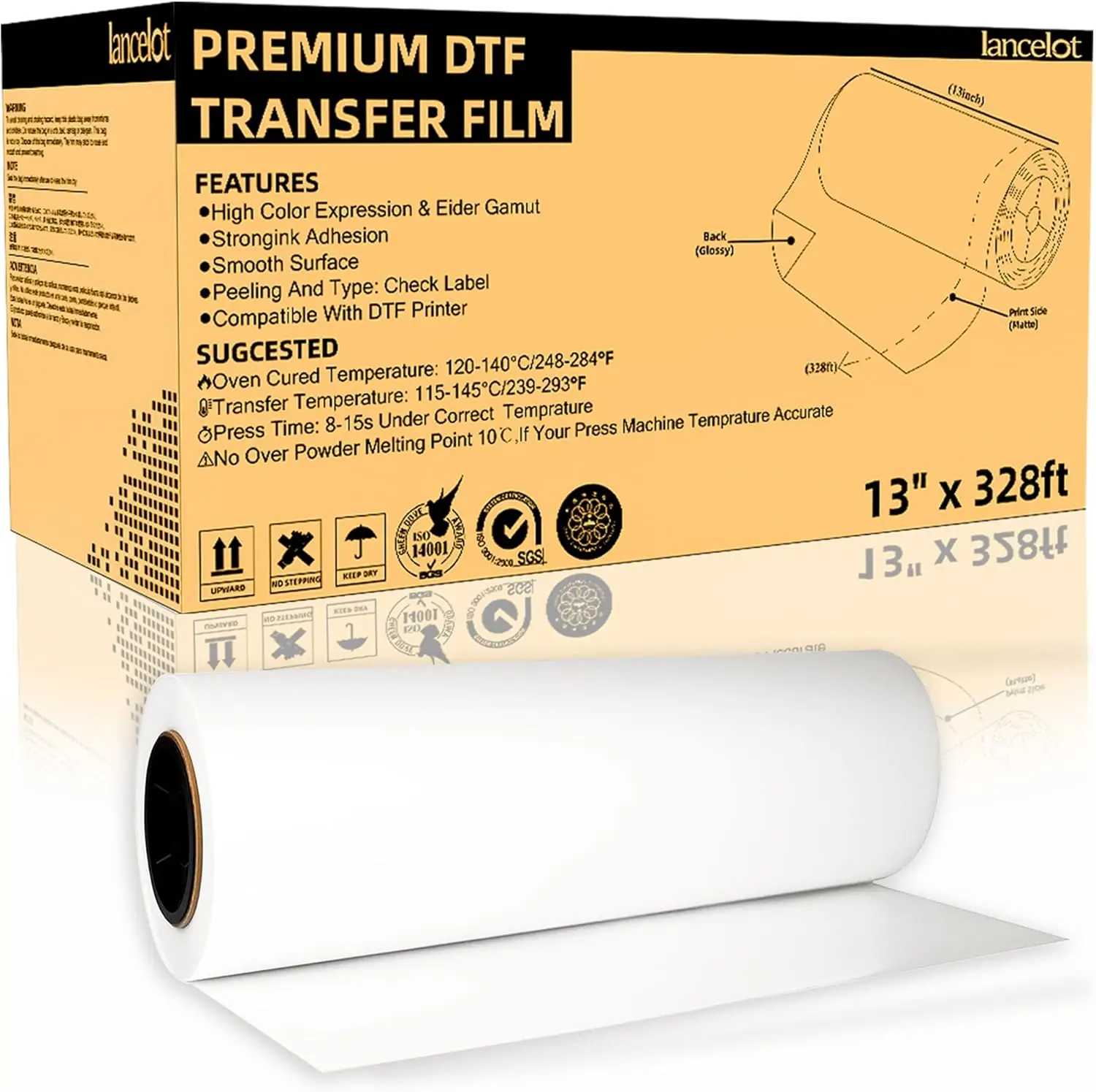 13 Inch x 100m DTF Transfer Film, Double-Sided Matte with Pre-Applied Powder, No Webbing, High Flexibility for Apparel Decoratio