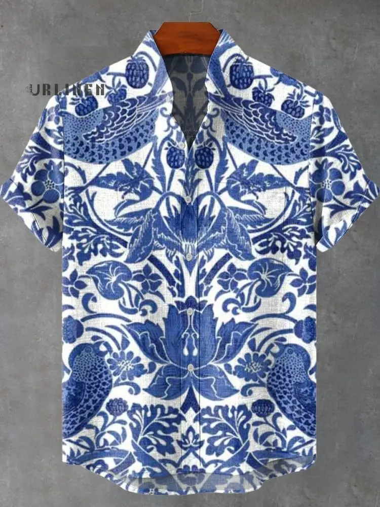 

2025 men's summer fashionable casual linen short sleeved shirt with high-quality fabric printed with bird biological patterns