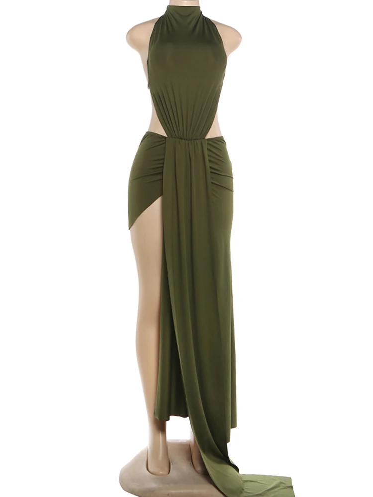 Kliou Seitlich Ausgeschnittenes Kleid Damen Bandage Neckholder Rückenfreies Ärmelloses Kleid mit Unregelmäßigen Hohentrennungen Elegantes Langes Bodycon-Kleid für den Urlaub – Detail 5
