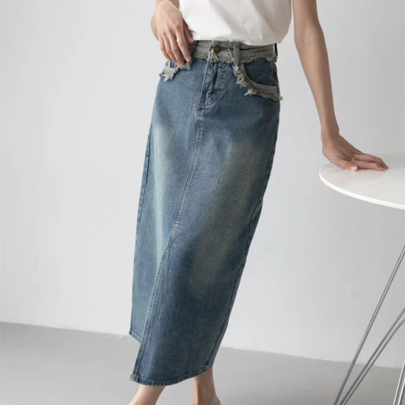 

Denim Skirt Women Vintage Blue High Waist Slit Long Skirt Women's Spring Mid-length Hip Bag Pencil Skirt Chic Woman Clothing