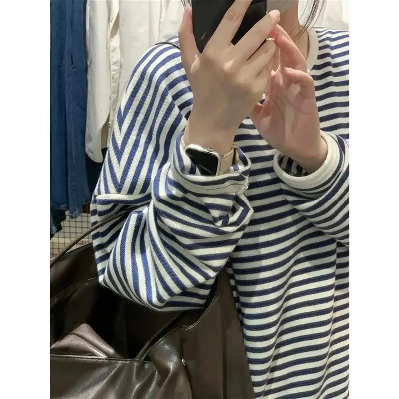 Original Fabric Korean Style Striped Sweatshirt Women's Loose Long Sleeve Top Chic Lazy Fashion Autumn Clothing Polyester