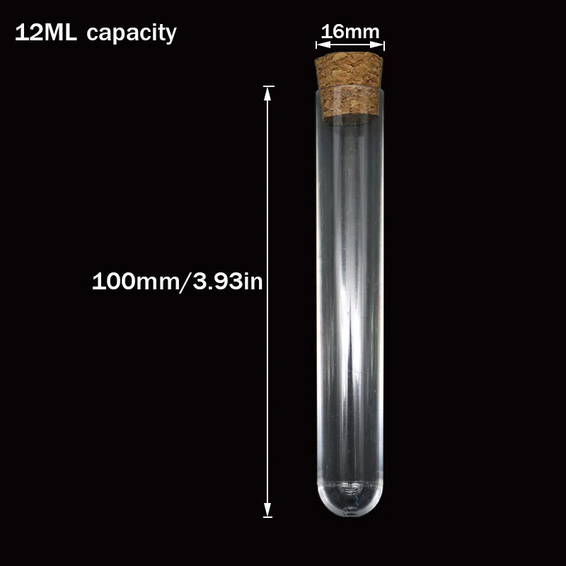 Tubo de ensayo de plástico transparente de laboratorio con tapón de corcho, capacidad de 12ML, 16x100mm