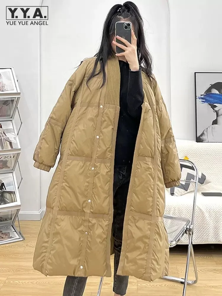 Women Loose Fit Winter Thick Warm Long Down Jacket Knitted V Neck Casual Overcoat Female Streetwear Oversized Outerwear Coats