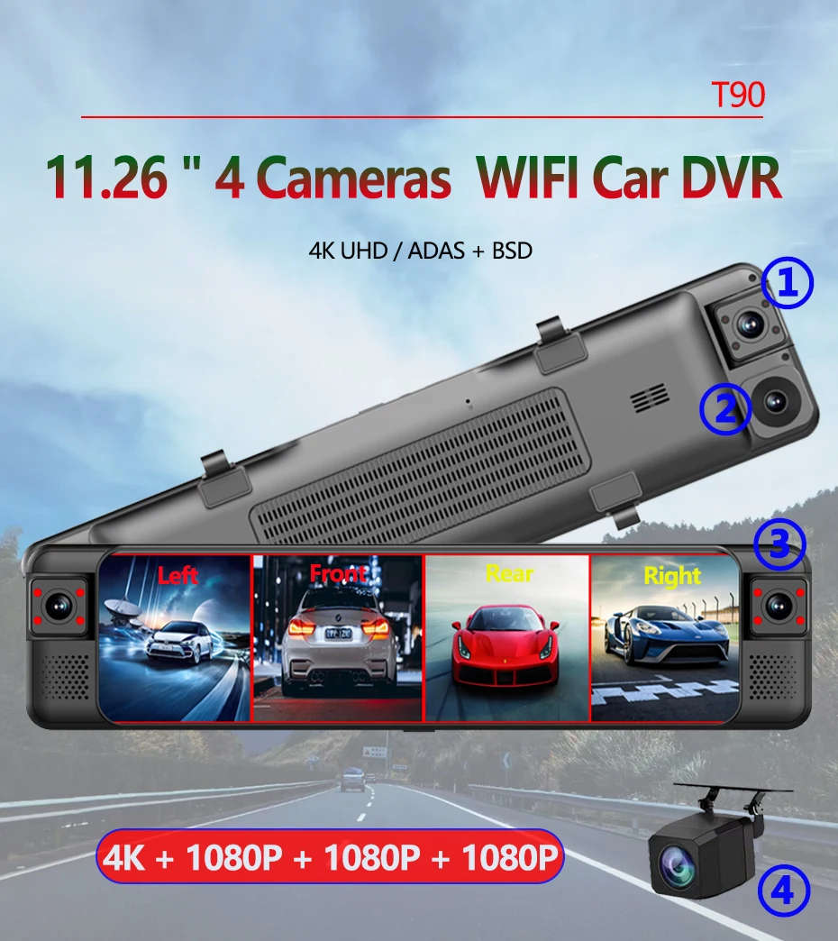 Ultra HD 4K Dash Cam 4-Channel Record 1080P ADAS BSD Car DVR WIFI APP Rear View Mirror Auto Video Recorder Camera 24H Parking