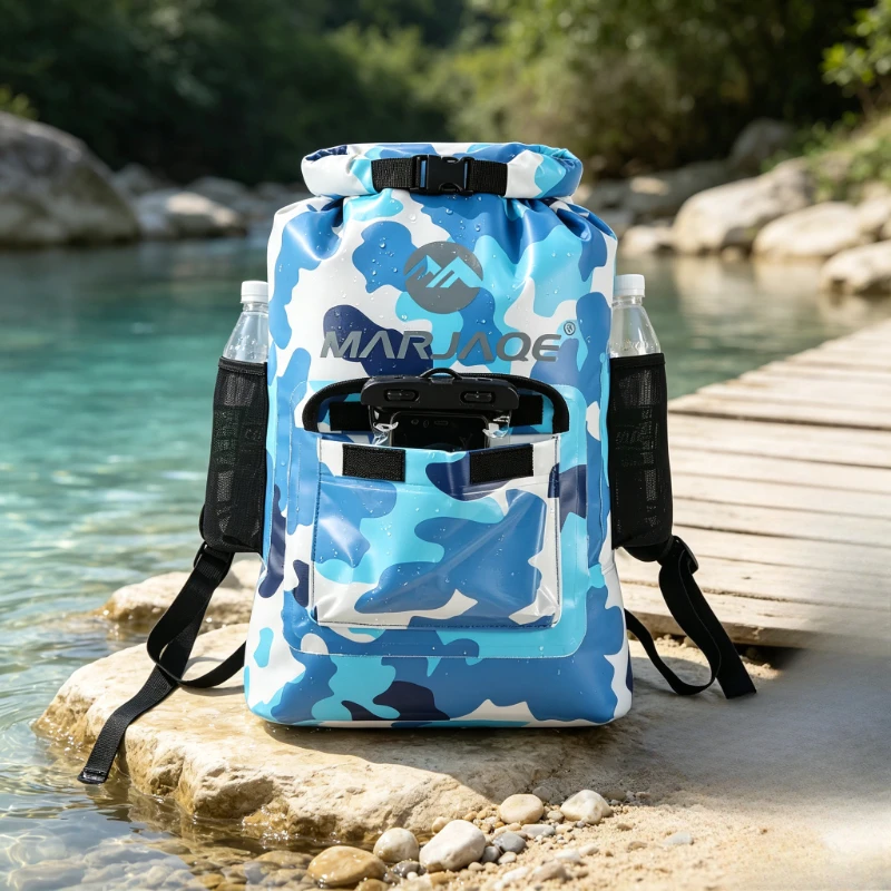 22L Camo Waterproof Barrel Dry Bag Backpack, Outdoor River Tracing Rafting Storage Pack, Scratch Resistant Sturdy Durable Kayak