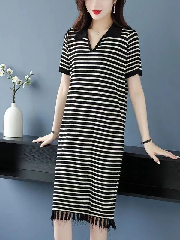 Verano suelto de punto cuello largo Dr mujer Faion diseño rayas A-Line falda fibra de poliéster ort Sve Dr