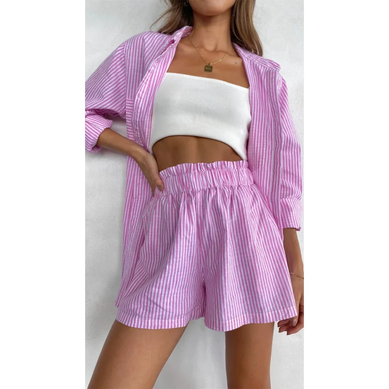 Spring and Summer Leisure Suit Lapel Long Sleeve Solid Color Shirt Top Shorts Two-Piece Set