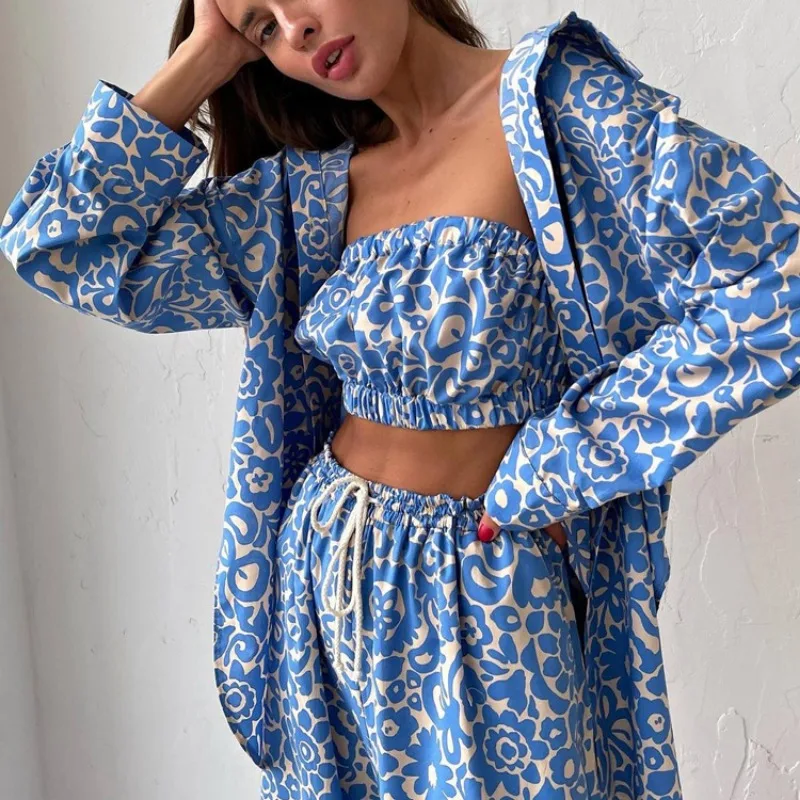 

Y2K INS 2023 Long Sleeve Shirt Tank Top Pants Vacation Outfits Tracksuit Loungewear Spring Autumn Women 3 Piece Pants Set