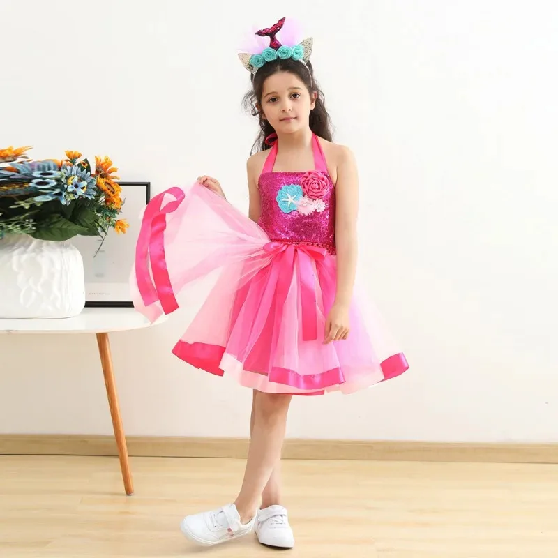 New Children Mermaid Dress Girls Halloween Princess Party Dress Up Tulle Mesh Rainbow Tutu Skirt Fish Scale Sequin Outfits