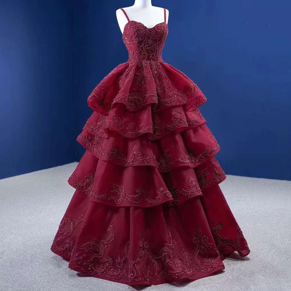 Wine Red Spaghetti Straps Sleeveless Evening Gown Lace Up Back Beaded Tiered Customizable Women's Formal Dress