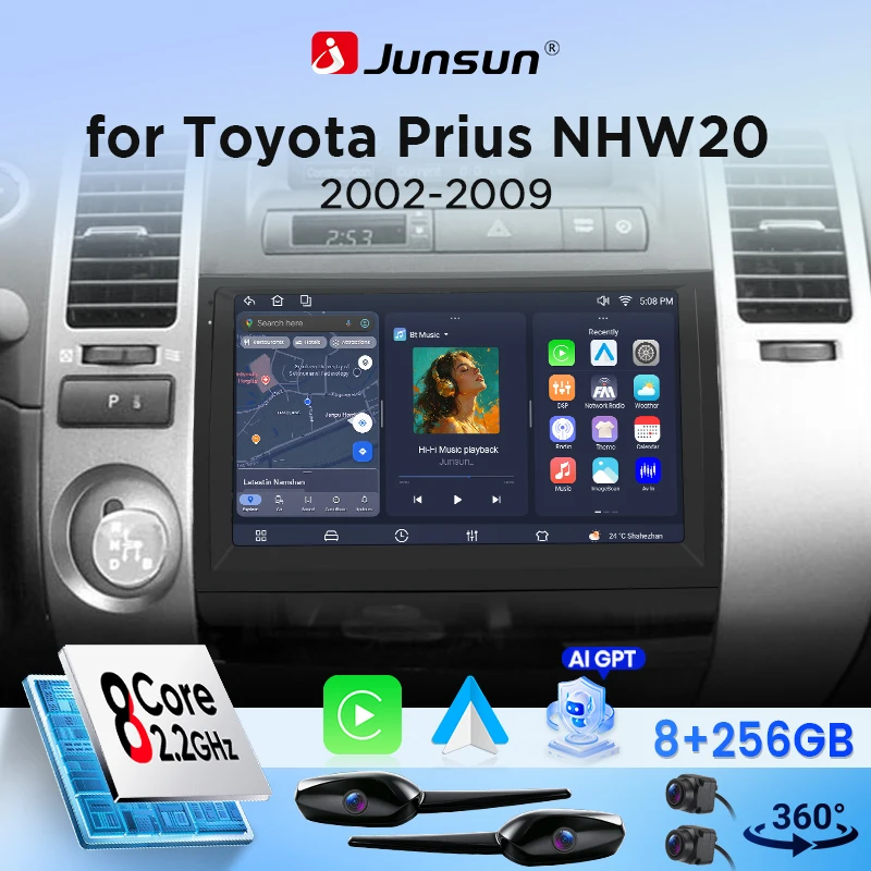 Systèmes intelligents de voiture Android 15 Junsun pour Toyota Prius NHW20 2002-2009, CarPlay sans fil AI pour Apple Auto, écran tactile IPS 9 pouces, caméra 360°, autoradio, lecteur multimédia vidéo, Bluetooth, GPS, navigation, Mirror Link, écran partagé, FM, RDS, OTA, unité principale