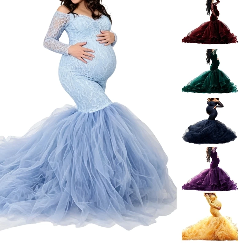 Tulle Train Maternity Portrait Dress for Pregnant Women with Off Shoulder Lace Sleeves and Long Photo Ready