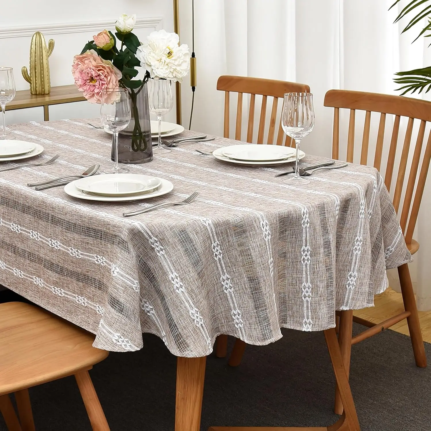 

Скатерть овальная в деревенском стиле с полосатой вышивкой, ажурная, из плотного льна, устойчивая к сминанию, для обеденного стола