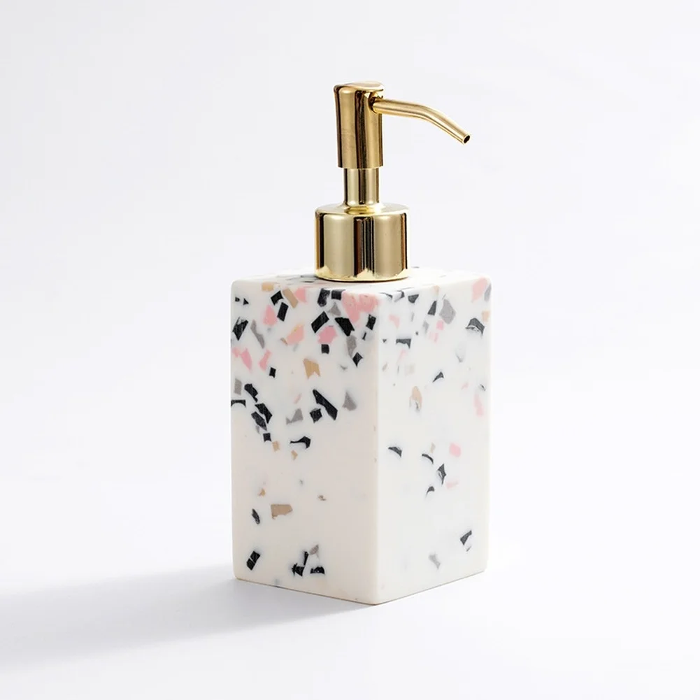 220ML Terrazzo Texture Soap Dispenser with Gold Plated 304 Stainless Steel Pump for Bathroom Counter Placement