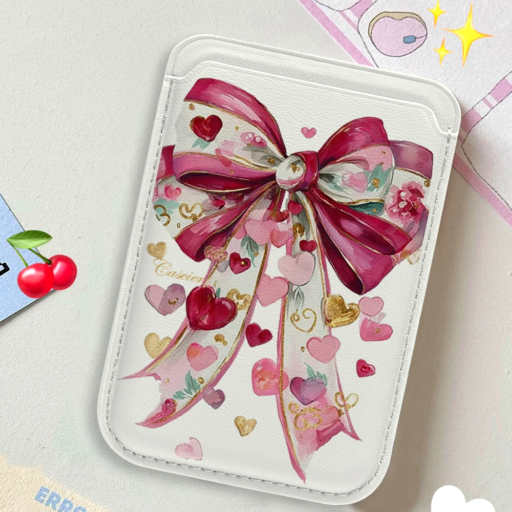 Coquet Rosa Schleife Leder-Kartenetui Handyhülle Kartenhalter Geeignet für alle iPhone-Hüllen Magsafe Magnetische Karten-Handy-Rückentasche – Detail 3