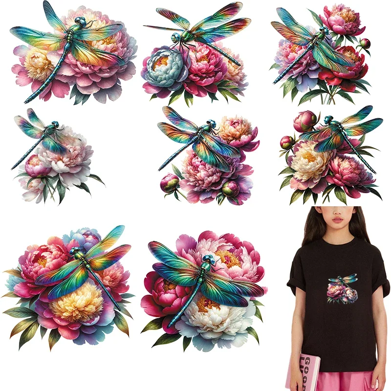 

Colorful Dragonfly and Peony Heat Transfer Printing Iron On Patch Heat Transfer Printing On Clothes DTF iron on heat transfer