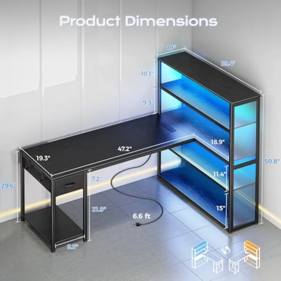 Gaming computer desk for home office use, engineered wood and mesh, black, L-shaped 57 inch with open cabinet, power outlets, L