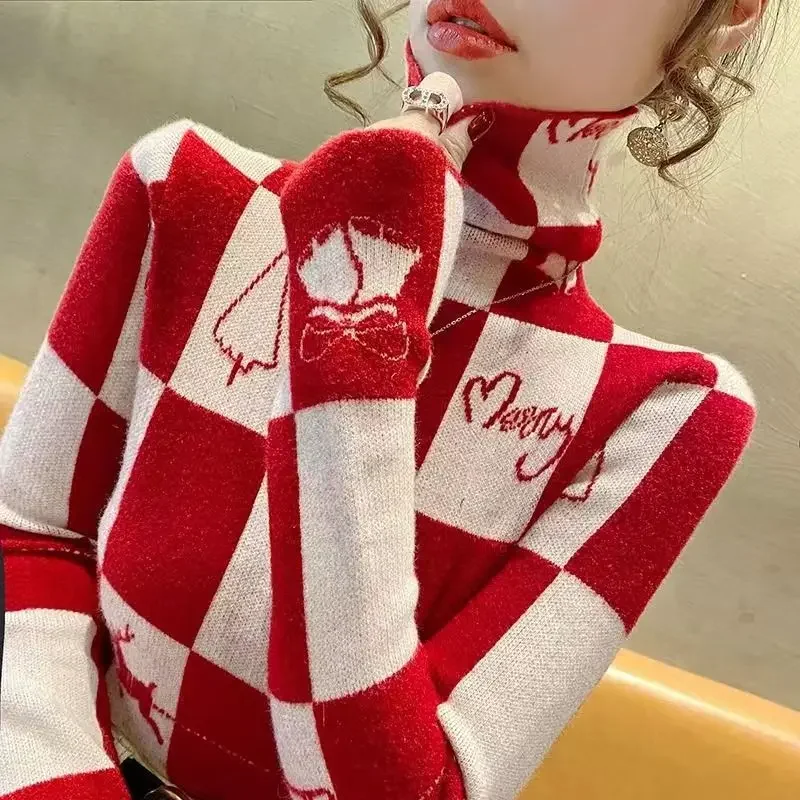 

Autumn Winter New Vintage Elegant Knitted Sweaters Women Clothing Y2k Jacquard Plaid Pullovers Elastic Slim Knitwear Tops